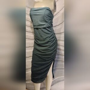 Green Glitter Sheer Lined Boning Strapless Tube Ruched Dress Windsor Women Large